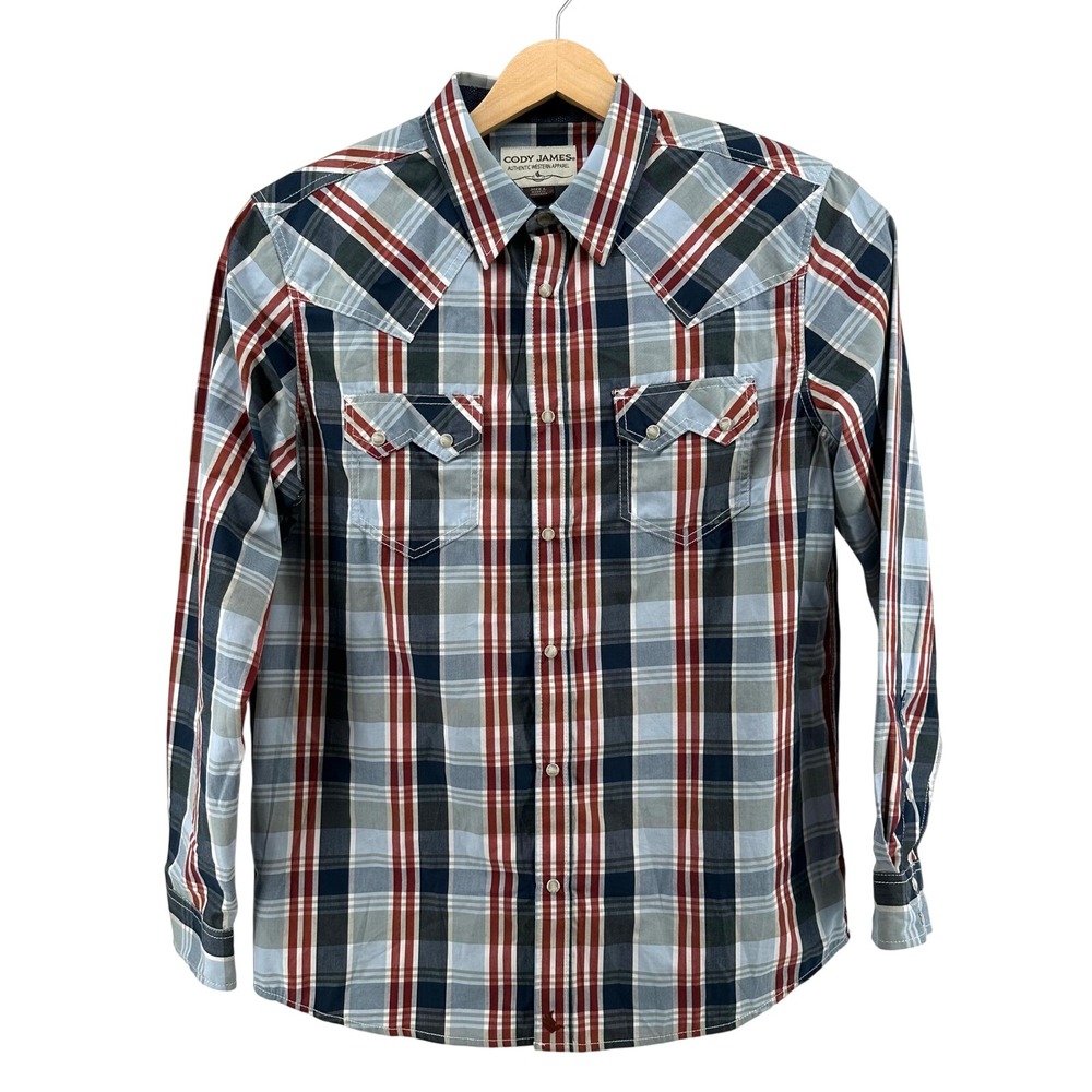 Cody James Mens Large Plaid Western Snap Front Long Sleeve Shirt Red Blue Cotton